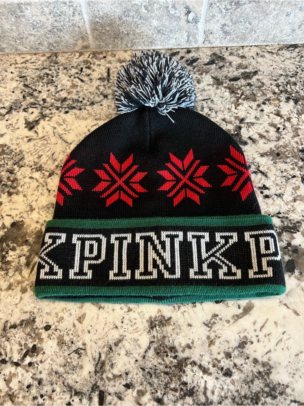 PINK Victoria's Secret Black Knit Pom Beanie with Red Snowflakes & Green Cuff